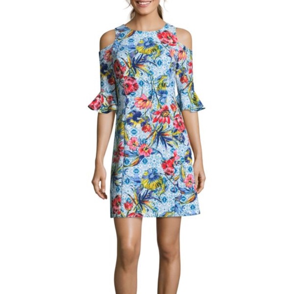 NICOLE MILLER Floral-Print Leaf‎ Turquoise Cold-Shoulder Sheath Cocktail Dress - Picture 1 of 15